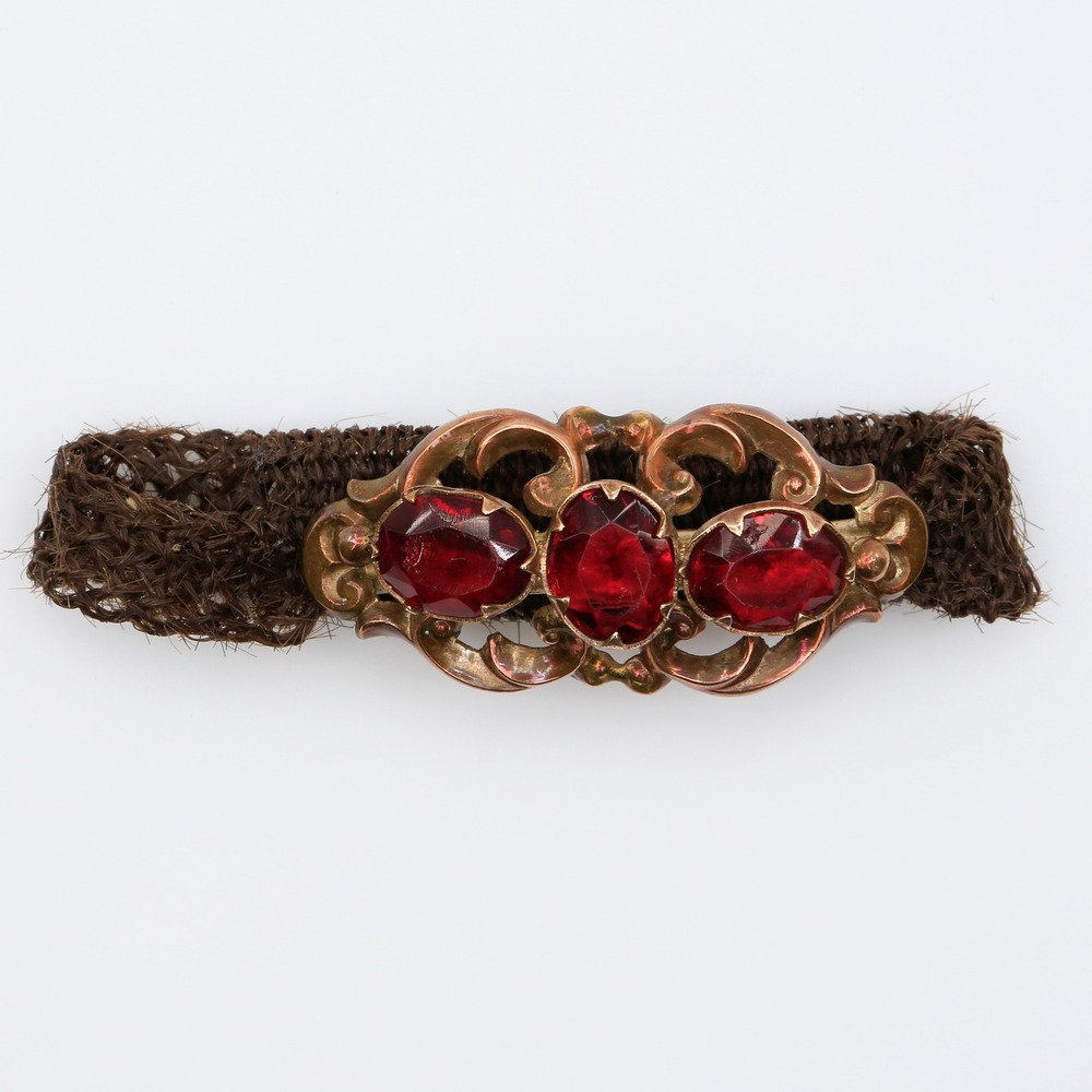 Antique Victorian Hairwork‎ Bracelet Red Paste Glass Stones Sentimental 1860s
